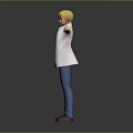 Game and Movie Character With Blonde Hair White Coat Blue Outfit Red Shoes Arms Outstretched