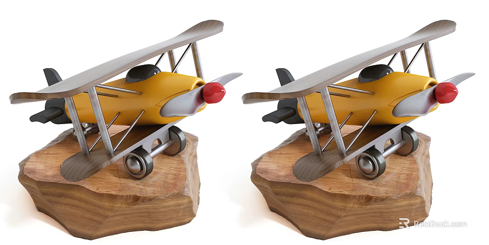 Yellow Biplane Decorative Model with Metal Parts on Wooden Base 3d model 