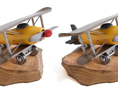 Yellow Biplane Decorative Model with Metal Parts on Wooden Base 3d model