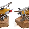 Yellow Biplane Decorative Model with Metal Parts on Wooden Base