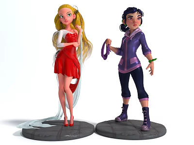 Two Stylish Dolls With Distinct Outfits And Accessories 3d model