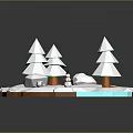 Snowy Natural Scene With Pine Trees Small Snowman Rocks And Blue Water Area