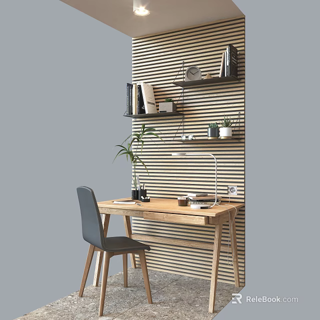 Wooden Home Office Desk With Gray Chair Striped Wall Bookshelf Desk Lamp And Green Plant 3d model 