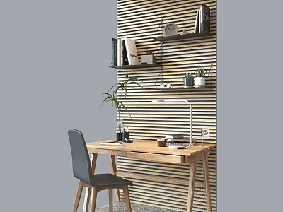 Wooden Home Office Desk With Gray Chair Striped Wall Bookshelf Desk Lamp And Green Plant 3d model