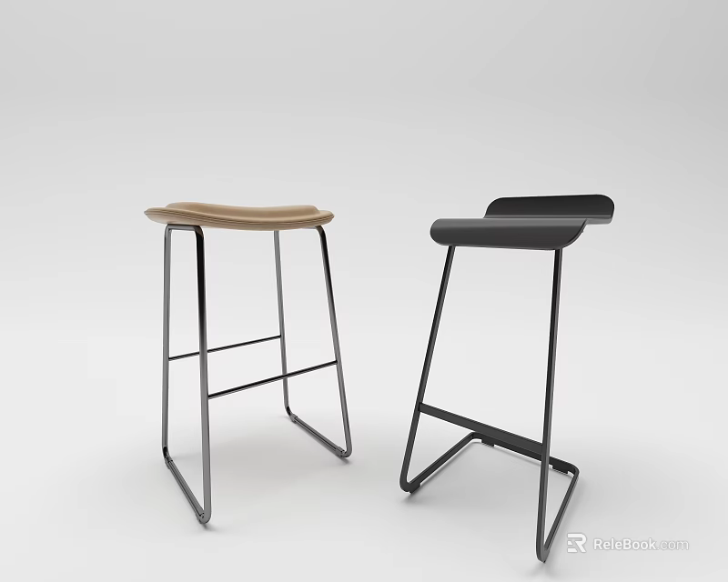 Modern Black And Wooden Bar Stools With Metal Frame Design 3d model 