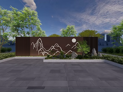 Scenic Wall With White Mountain Pattern And Moon Surrounded By Green Plants And Stones 3d model