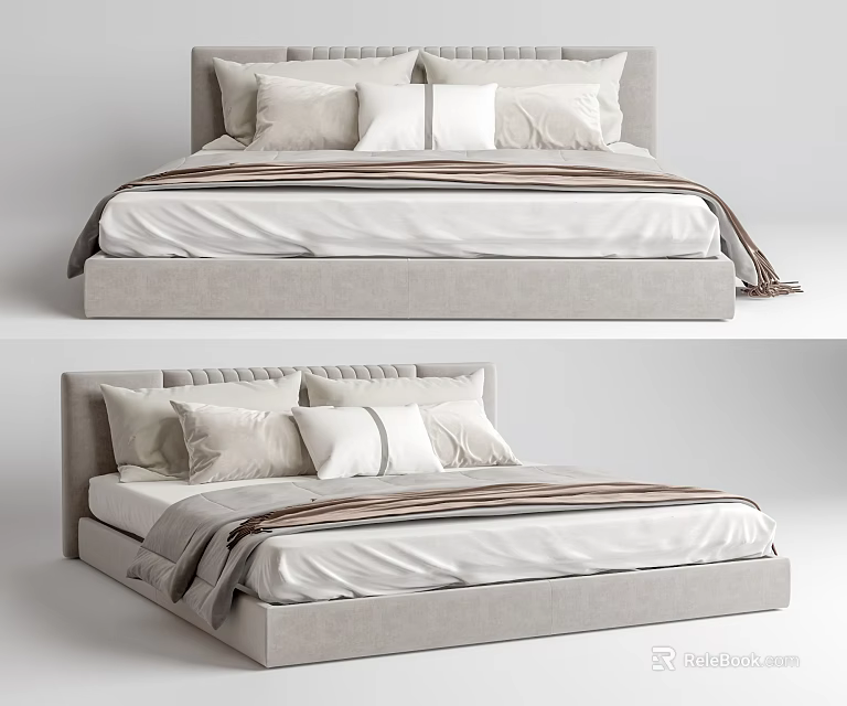 Modern Upholstered Double Bed With Minimalist Neutral Pillows And Blanket Design 3d model 