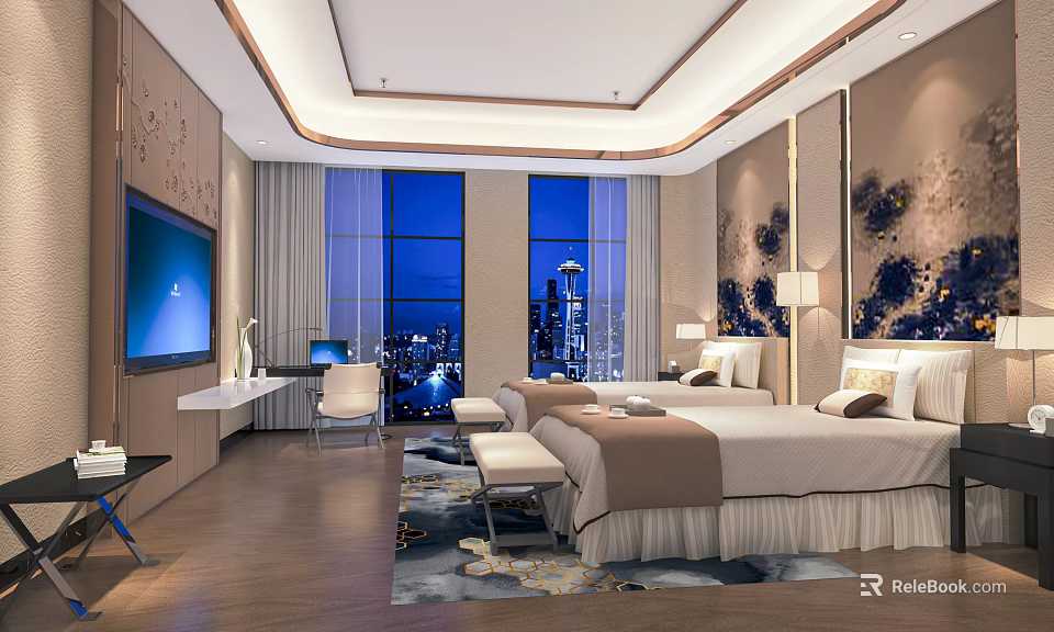 Hotel Guest Room Interior King Bed Large Windows Overlooking City Night View TV Patterned Rug 3d model 