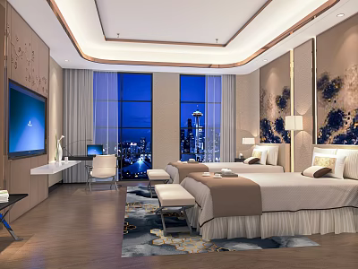 Hotel Guest Room Interior King Bed Large Windows Overlooking City Night View TV Patterned Rug 3d model