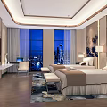 Hotel Guest Room Interior King Bed Large Windows Overlooking City Night View TV Patterned Rug