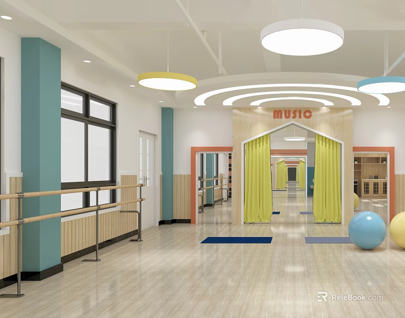 Kindergarten Music Room Interior With Yellow Curtains Blue Columns Wooden Floor And Colorful Balls 3d model 