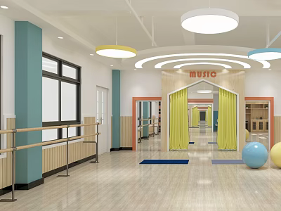 Kindergarten Music Room Interior With Yellow Curtains Blue Columns Wooden Floor And Colorful Balls 3d model
