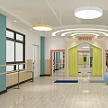 Kindergarten Music Room Interior With Yellow Curtains Blue Columns Wooden Floor And Colorful Balls