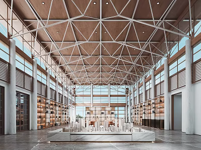 Modern Sales Office Lobby With Geometric Wooden Ceiling Large Windows Bookshelves And Sand Table Model 3d model