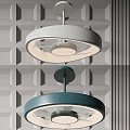 Hanging Air Conditioner Fan Blue Round Design With Light Against Gray Geometric Wall Background