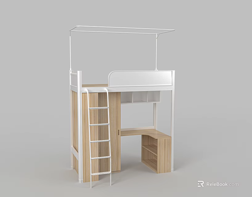 Modern Bunk Bed With White Frame Wooden Desk And Storage 3d model