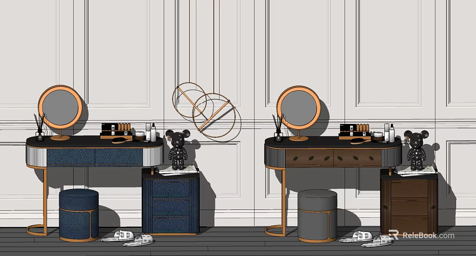 Elegant Modern Dressing Table With Round Mirror Drawers Stool And Wall Decor 3d model