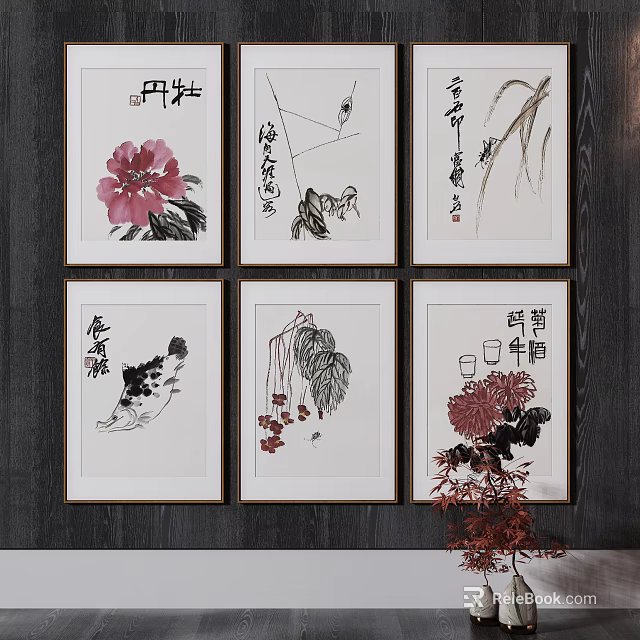 Traditional Chinese Paintings With Floral Motifs And Calligraphy As Wall Decor Artworks 3d model 