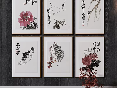 Traditional Chinese Paintings With Floral Motifs And Calligraphy As Wall Decor Artworks 3d model