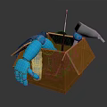 Brown Cardboard Box Containing Blue Robotic Arm Metal Tool And Black Object