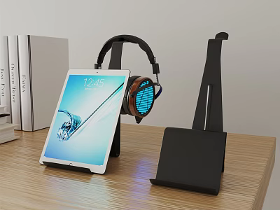 Modern Iron Stand For Headphones And Tablet On Wooden Table With Books 3d model