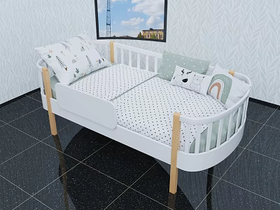 Cozy Railed White Kids Bed with Wooden Legs Polka Dot Sheet and Bear Rainbow Pillows 3d model