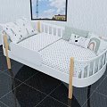 Cozy Railed White Kids Bed with Wooden Legs Polka Dot Sheet and Bear Rainbow Pillows