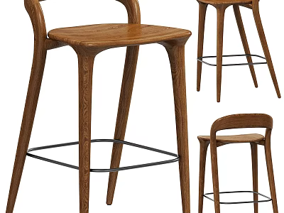 Modern Wooden Bar Stools With Curved Backrest And Sturdy Footrest Design 3d model