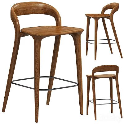Modern Wooden Bar Stools With Curved Backrest And Sturdy Footrest Design 3d model
