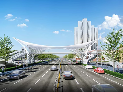 Modern Bridge Over Highway With Moving Cars Tall Buildings Blue Sky White Clouds 3d model