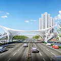 Modern Bridge Over Highway With Moving Cars Tall Buildings Blue Sky White Clouds