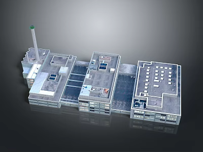Cartoon Scene Of 3D Industrial Factory Complex With Connected Buildings Chimney And Roof Equipment 3d model
