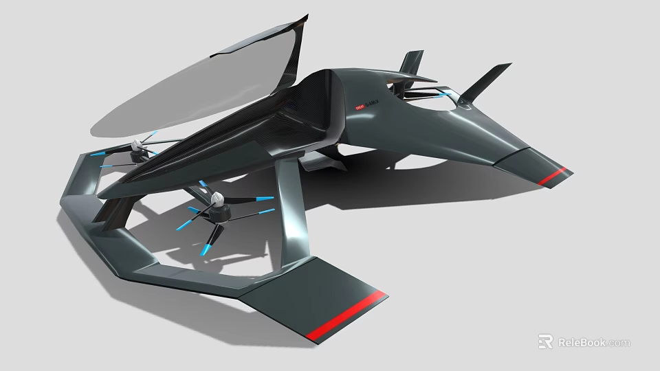 Futuristic Black Flying Vehicle Design With Transparent Canopy Propellers And Red Accents 3d model 