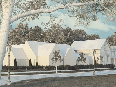 Row of Modern Townhouses with White Roofs Trees and Street Lamps Along Street 3d model