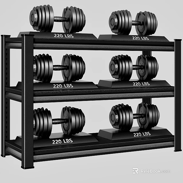 Black Multi Tier Dumbbell Rack With 220 LBS Weights And Organized Storage 3d model 