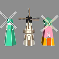 Traditional Windmill Architectural Components Featuring Various Colorful Tower Bodies Blades Windows And Door