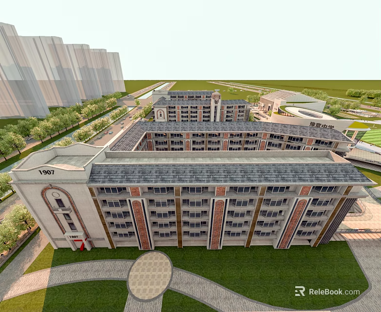 Multi story Red Brick School Building With Gray Roof And Green Lawns In Campus 3d model 
