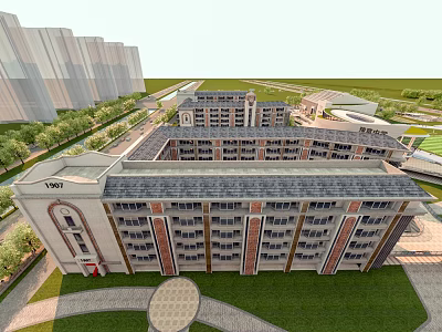 Multi story Red Brick School Building With Gray Roof And Green Lawns In Campus 3d model