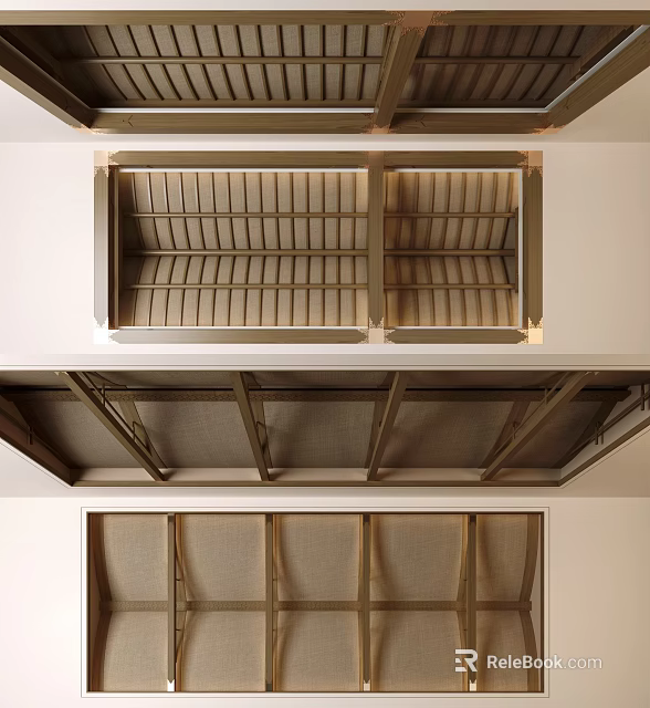 Modern Ceiling Design With Wooden Grille Structural Beams And Grid Pattern 3d model 
