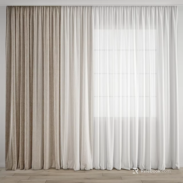 Beige Curtains Paired With White Sheer Layers For Window Decoration 3d model 