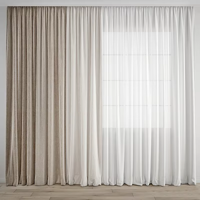 Beige Curtains Paired With White Sheer Layers For Window Decoration 3d model