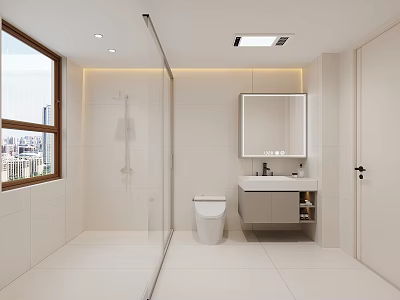 Modern Bathroom Interior With Glass Shower Enclosure Toilet Vanity And White Tiles 3d model