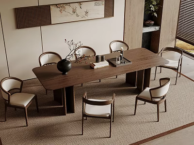 Modern Chinese Style Wooden Dining Table Set With Six Chairs And Decorative Elements 3d model