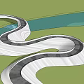 Modern Curved Landscape Bridge Spanning River Amid Green Grass And Water