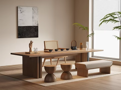 Wooden Tea Table and Chairs in Minimalist Interior with Plants Tea Sets and Wall Art 3d model