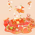 Cheerful Cartoon Playground With Red Character Slide Castle Small Plants Airplane And Clouds