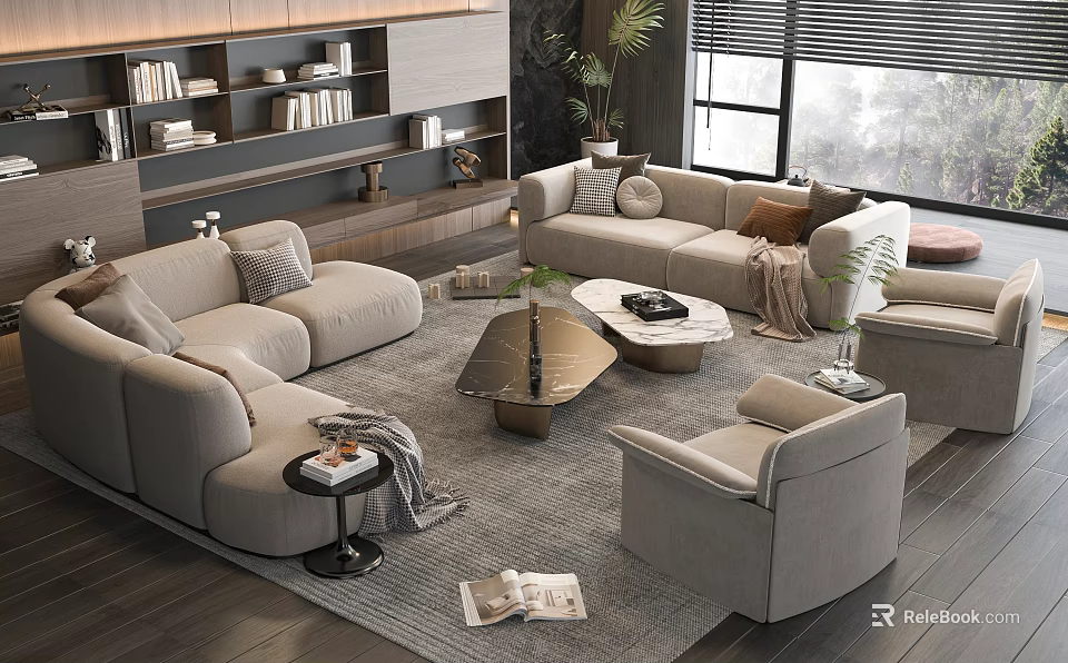 Modern Light Gray Sofa and Coffee Table Set with Cushions Metallic Glass Top and Plants 3d model 