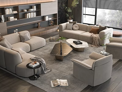 Modern Light Gray Sofa and Coffee Table Set with Cushions Metallic Glass Top and Plants 3d model