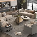 Modern Light Gray Sofa and Coffee Table Set with Cushions Metallic Glass Top and Plants