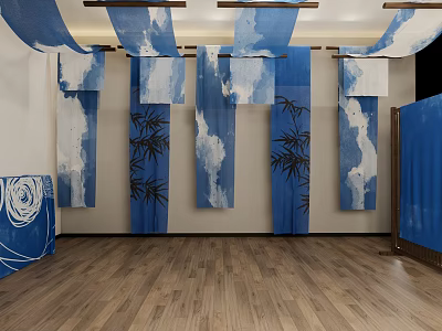 Blue And White Ceiling Draperies With Bamboo Patterns On Light Walls And Wooden Floor 3d model